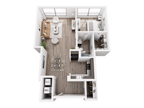 Floor plan for 1 bed, 1 bath, 890 sqft